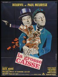 6p590 BIG SWAG French 1p '65 La grosse caisse, Bourduge art of Bourvil & Meurisse with cash!