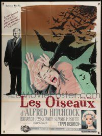 6p592 BIRDS French 1p '63 different Grinsson art with Tandy, Tippi Hedren & Alfred Hitchcock!