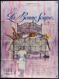 6p778 LA BONNE SOUPE French 1p '64 different art of Annie Girardot on bed covered by pillows!