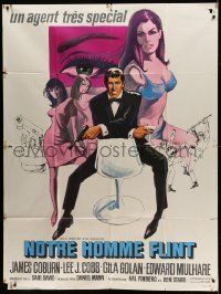 6p866 OUR MAN FLINT French 1p '66 great art of James Coburn, sexy James Bond spy spoof!