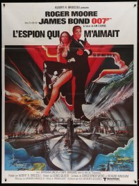 6p929 SPY WHO LOVED ME French 1p '77 art of Roger Moore as James Bond & Barbara Bach by Bob Peak!