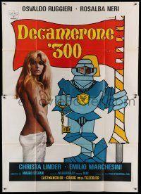 6p017 DECAMERON '300 Italian 2p '73 Calma art of knight standing by sexy mostly naked blonde girl!