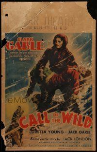 6p314 CALL OF THE WILD WC '35 art of Clark Gable carrying Loretta Young in snow storm, Jack London