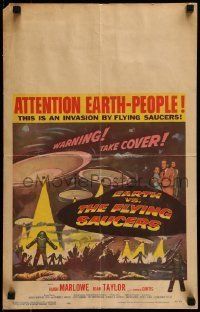 6p349 EARTH VS. THE FLYING SAUCERS WC '56 sci-fi classic, cool art of UFOs & aliens!
