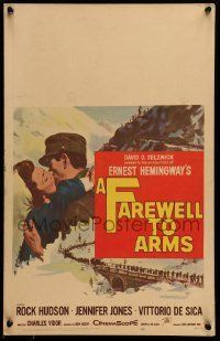 6p357 FAREWELL TO ARMS WC '58 art of Rock Hudson kissing Jennifer Jones, Ernest Hemingway