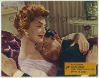 6r511 DOCTOR AT LARGE English LC '57 c/u of Dr. Dirk Bogarde cuddling with pretty Muriel Pavlow!