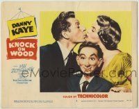 6r621 KNOCK ON WOOD LC #8 '54 wacky dummy sits between Danny Kaye kissing Mai Zetterling!