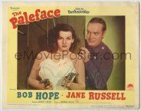 6r758 PALEFACE LC #4 '48 close up of Bob Hope behind sexy Jane Russell with pistols!