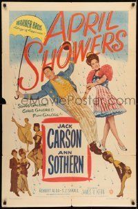 6t056 APRIL SHOWERS 1sh '48 full-length Jack Carson & Ann Sothern in rain of musical notes!
