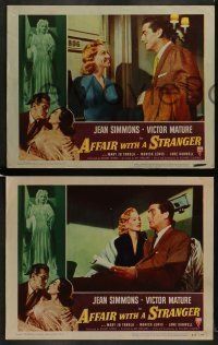 6w031 AFFAIR WITH A STRANGER 8 revised LCs '53 Victor Mature, Jean Simmons, cool border art