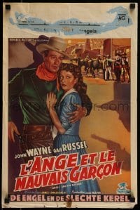 6y276 ANGEL & THE BADMAN Belgian '50 different art of cowboy John Wayne protecting Gail Russell!
