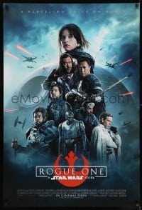 6y386 ROGUE ONE advance DS 1sh '16 A Star Wars Story, cast montage, Death Star, white title
