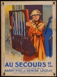 6y726 AU SECOURS French 24x32 '25 art of soldier Harry Piel carrying gun rack by Gaillant!