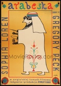 6y842 ARABESQUE Polish 23x33 '66 Gregory Peck, Sophia Loren, Flisak art of well-armed Arab man!