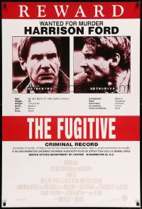 6z348 FUGITIVE recalled int'l 1sh 1990s Harrison Ford is on the run, cool wanted poster design!