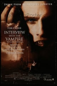6z490 INTERVIEW WITH THE VAMPIRE advance DS 1sh 1994 close up of fanged Tom Cruise, Brad Pitt!