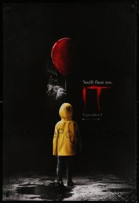 6z494 IT teaser DS 1sh 2017 creepy image of Pennywise handing child balloon, you'll float too!