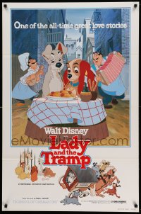 6z535 LADY & THE TRAMP 1sh R1980 Walt Disney romantic canine dog classic cartoon!
