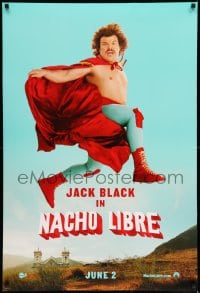 6z655 NACHO LIBRE teaser DS 1sh 2006 side image of Mexican luchador wrestler Jack Black in mid-air!