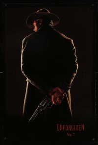 6z944 UNFORGIVEN teaser 1sh 1992 image of gunslinger Clint Eastwood w/back turned, dated design!