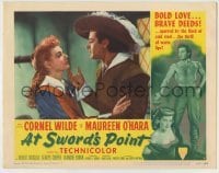 7c043 AT SWORD'S POINT LC #8 1952 great close up of Cornel Wilde & pretty Maureen O'Hara!