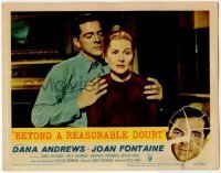 7c078 BEYOND A REASONABLE DOUBT LC #1 1956 Fritz Lang noir, c/u of Dana Andrews & Joan Fontaine!