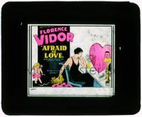 7d255 AFRAID TO LOVE glass slide 1927 art of Cupid & Florence Vidor staring at suitors in mirror!
