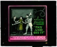 7d437 TRY & GET IT glass slide 1924 Billie Dove with Edward Everett Horton in suit of armor!