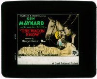 7d444 WAGON SHOW glass slide 1928 great image of Ken Maynard, Tarzan & Ena Gregory by circus tent!