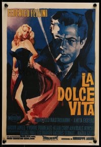 7f819 LA DOLCE VITA 11x16 commercial poster 1980s Fellini, Olivetti art of Mastroianni & Ekberg!