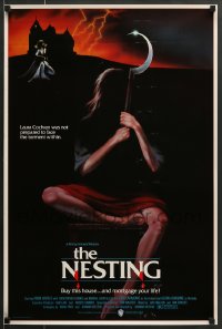 7f921 NESTING 20x30 video poster R1980s Groves, cool art of terrified girl in giant sickle!