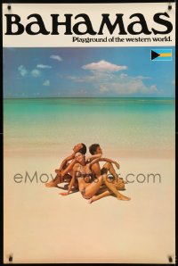 7f228 BAHAMAS PLAYGROUND OF THE WESTERN WORLD 28x42 travel poster 1980s image of 3people sunbathing!