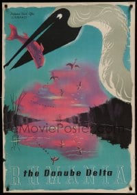 7f240 RUMANIA: THE DANUBE DELTA 27x38 Romanian travel poster 1958 crane with fish by P. Grant!