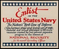 7f209 ENLIST IN THE UNITED STATES NAVY 14x17 WWII war poster 1940 ships need men of high character