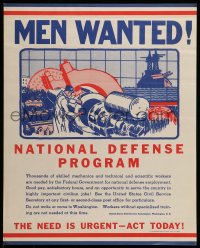 7f219 MEN WANTED NATIONAL DEFENSE PROGRAM 16x20 WWII war poster 1940 govt needs skilled mechanics!
