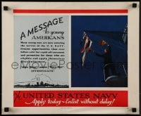 7f220 MESSAGE TO YOUNG AMERICANS 14x17 WWII war poster 1940 the Navy needs more men, apply today!