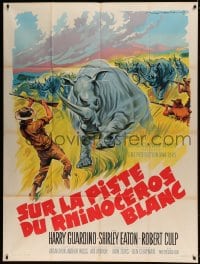 7g931 RHINO French 1p 1964 different Roger Soubie art of rhinos stampeding at big game hunters!