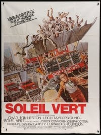 7g951 SOYLENT GREEN French 1p 1974 art of Charlton Heston escaping riot control by John Solie!