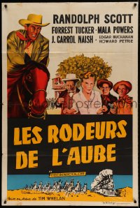 7g681 RAGE AT DAWN French 32x47 1955 different artwork of outlaw hunter Randolph Scott on horse!