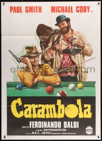 7g442 CARAMBOLA Italian 1p 1974 wonderful spaghetti western art of cowboys sitting at pool table!