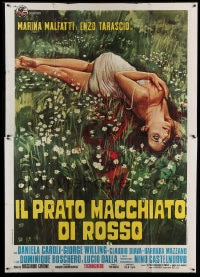 7g319 BLOODSTAINED LAWN Italian 2p 1973 gruesome art of half-naked woman bleeding on ground!