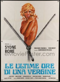 7g334 DOUBLE BY HALF Italian 2p 1972 art of zipper revealing sexy naked blonde Sydne Rome!