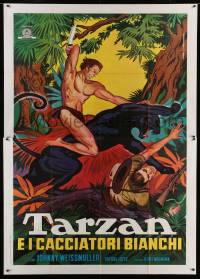 7g403 TARZAN & THE HUNTRESS Italian 2p R1960s different Piovano art of Weissmuller slaying panther!