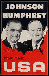 7g116 JOHNSON HUMPHREY FOR THE USA 13x21 political campaign 1964 the candidates over U.S. map!