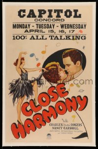 7g187 CLOSE HARMONY linen WC 1929 art of Nancy Carroll about to kiss Buddy Rogers & dancing!