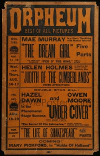7g248 ORPHEUM local theater WC 1916 Mae Murray in The Dream Girl, Helen Holmes, Shakespeare & more!