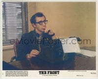 7h049 FRONT 8x10 mini LC #1 1976 c/u of Woody Allen by typewriter, 1950s Communist blacklist!