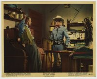 7h069 LONE RANGER color 8x10 still #12 1956 masked hero Clayton Moore pointing gun at scared old man