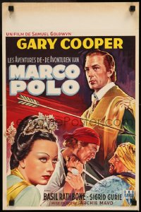 7j326 ADVENTURES OF MARCO POLO Belgian R1950s art of Gary Cooper, Basil Rathbone, Sigrid Gurie!