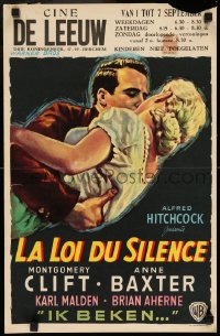 7j343 I CONFESS Belgian 1953 Alfred Hitchcock, art of Montgomery Clift & Anne Baxter kissing!